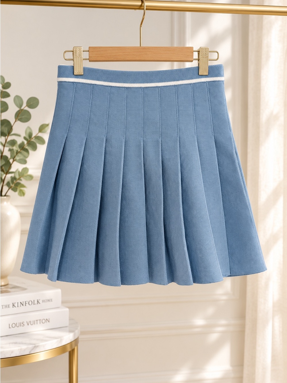 H&M Pleated Light Blue Mini Skirt with White Trim